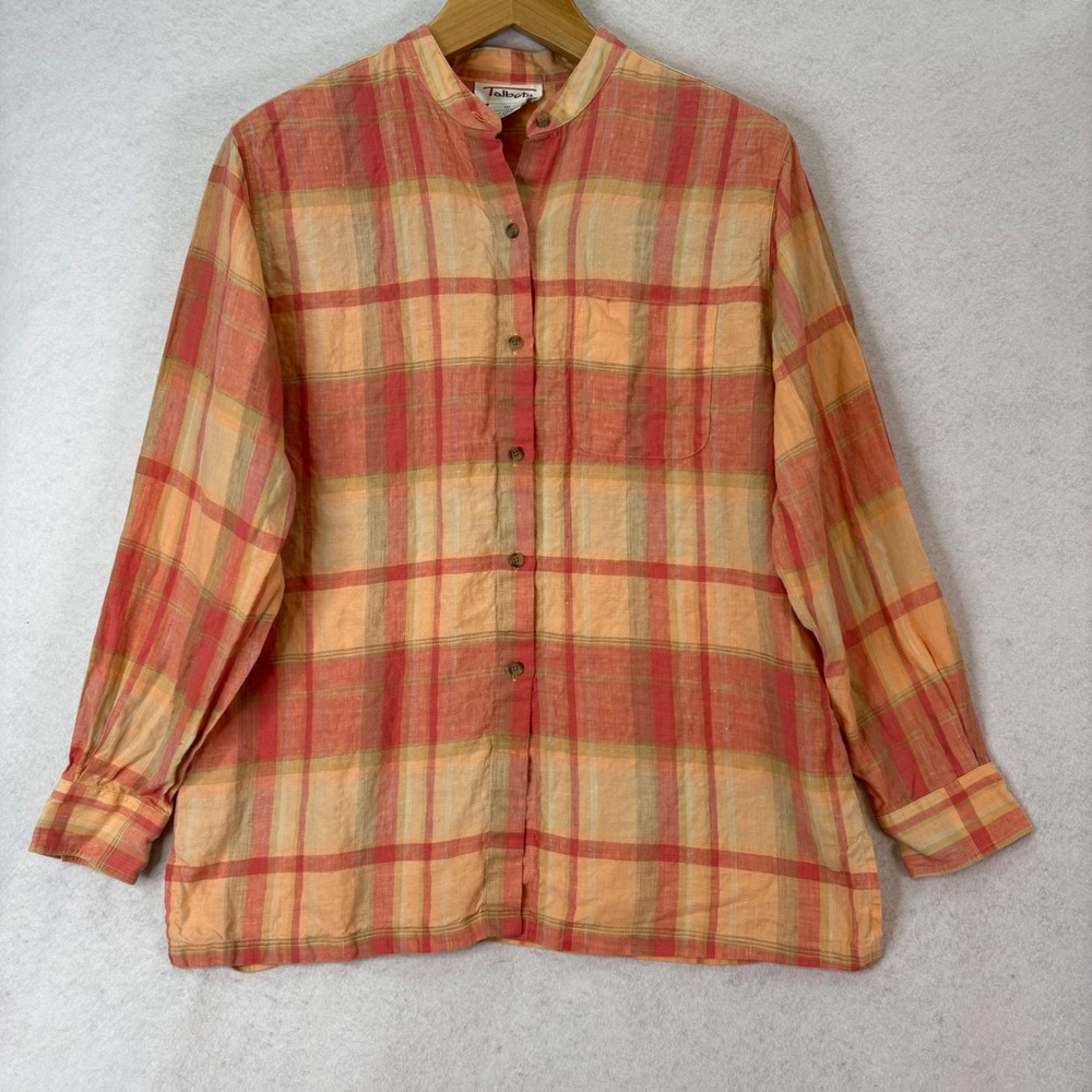 Talbots Linen Plaid Mandarin Collar Orange Button Down Sz 16 Preppy Lightweight
